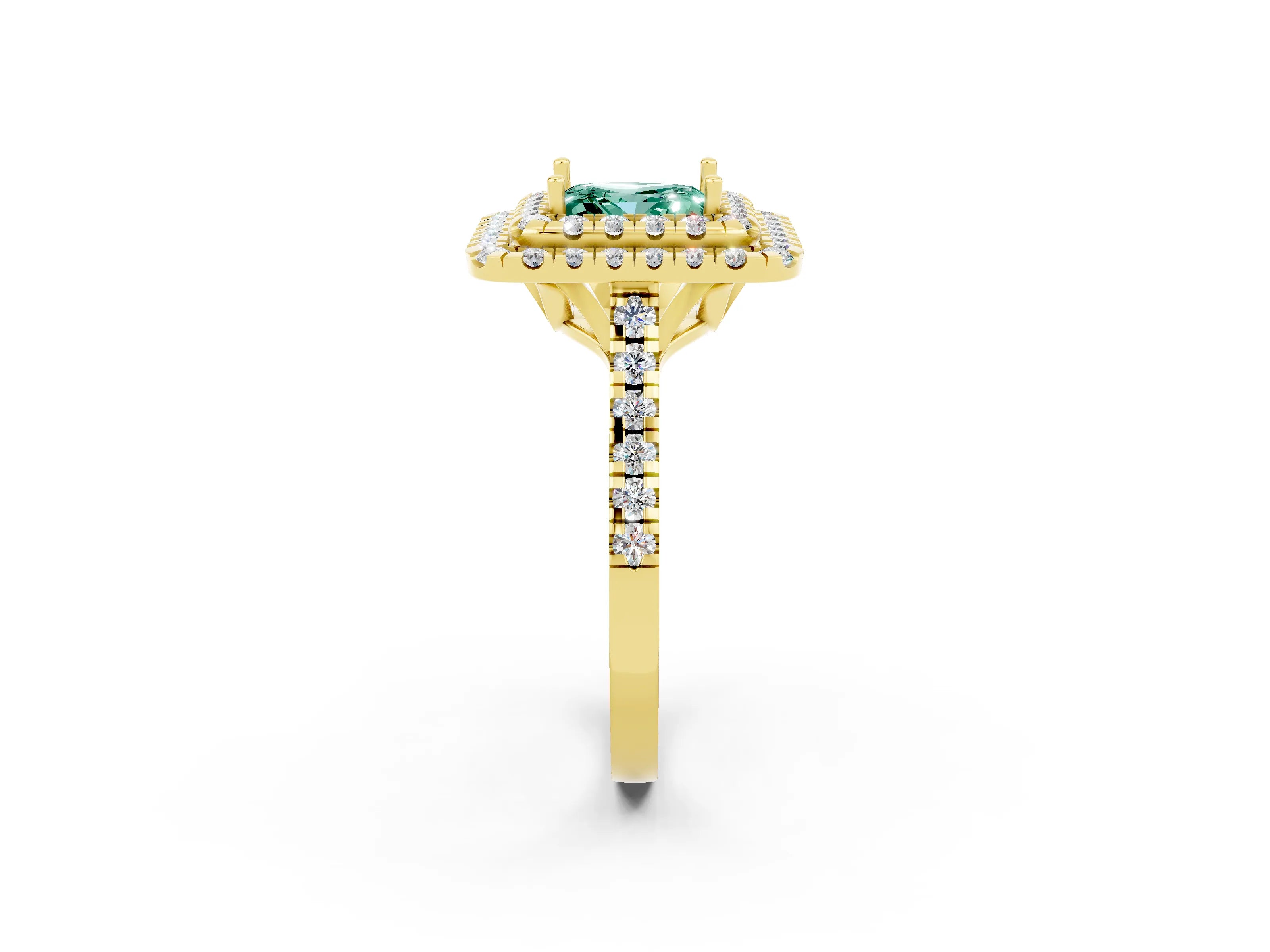 Yellow gold Double Halo Princess Cut Green Sapphire Pavé Band with Four-Prong Setting_11
