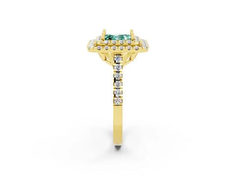 Yellow gold Double Halo Princess Cut Green Sapphire Pavé Band with Four-Prong Setting_11