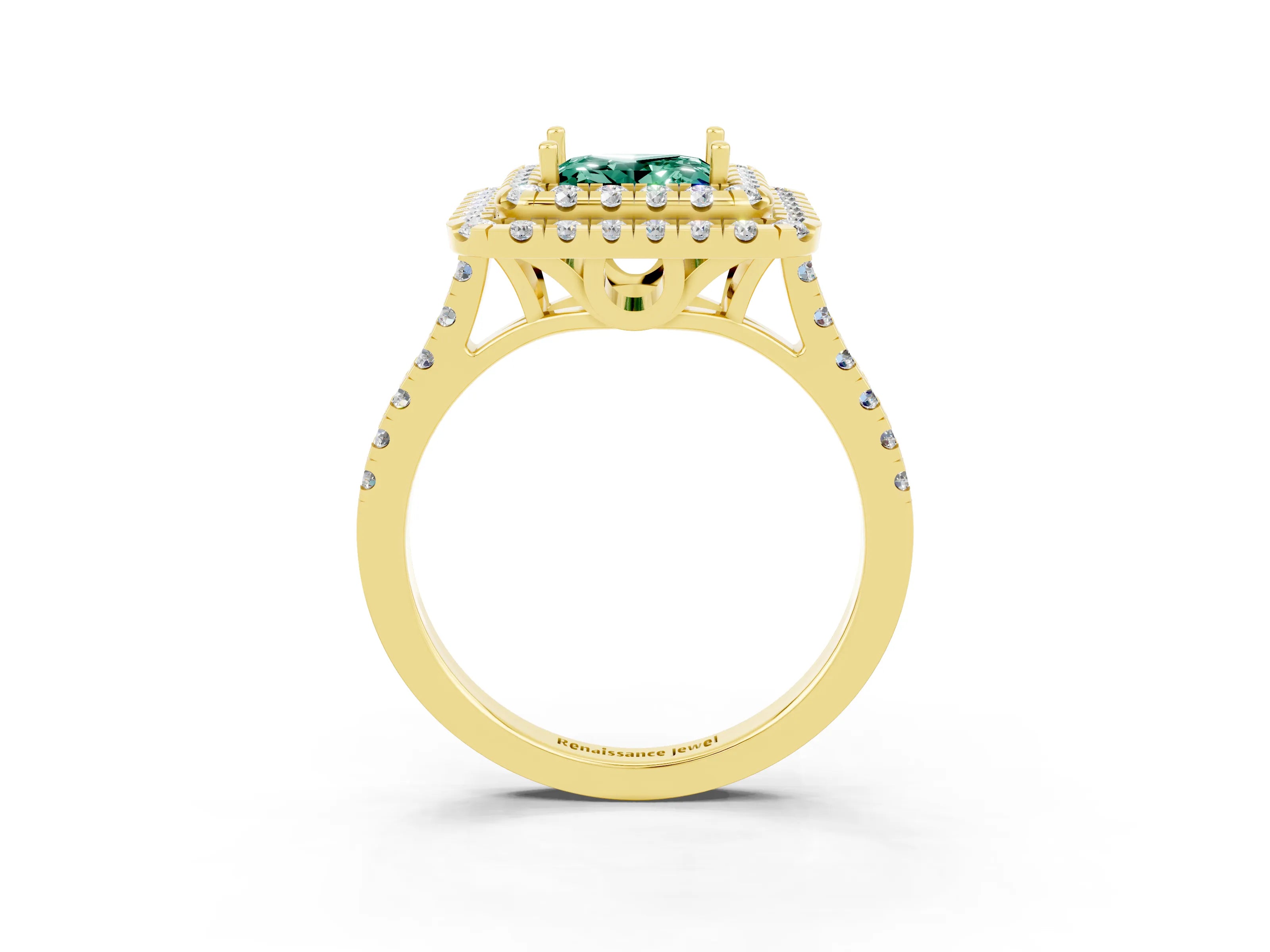 Yellow gold Double Halo Princess Cut Green Sapphire Pavé Band with Four-Prong Setting_12