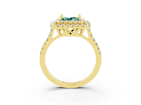 Yellow gold Double Halo Princess Cut Green Sapphire Pavé Band with Four-Prong Setting_12