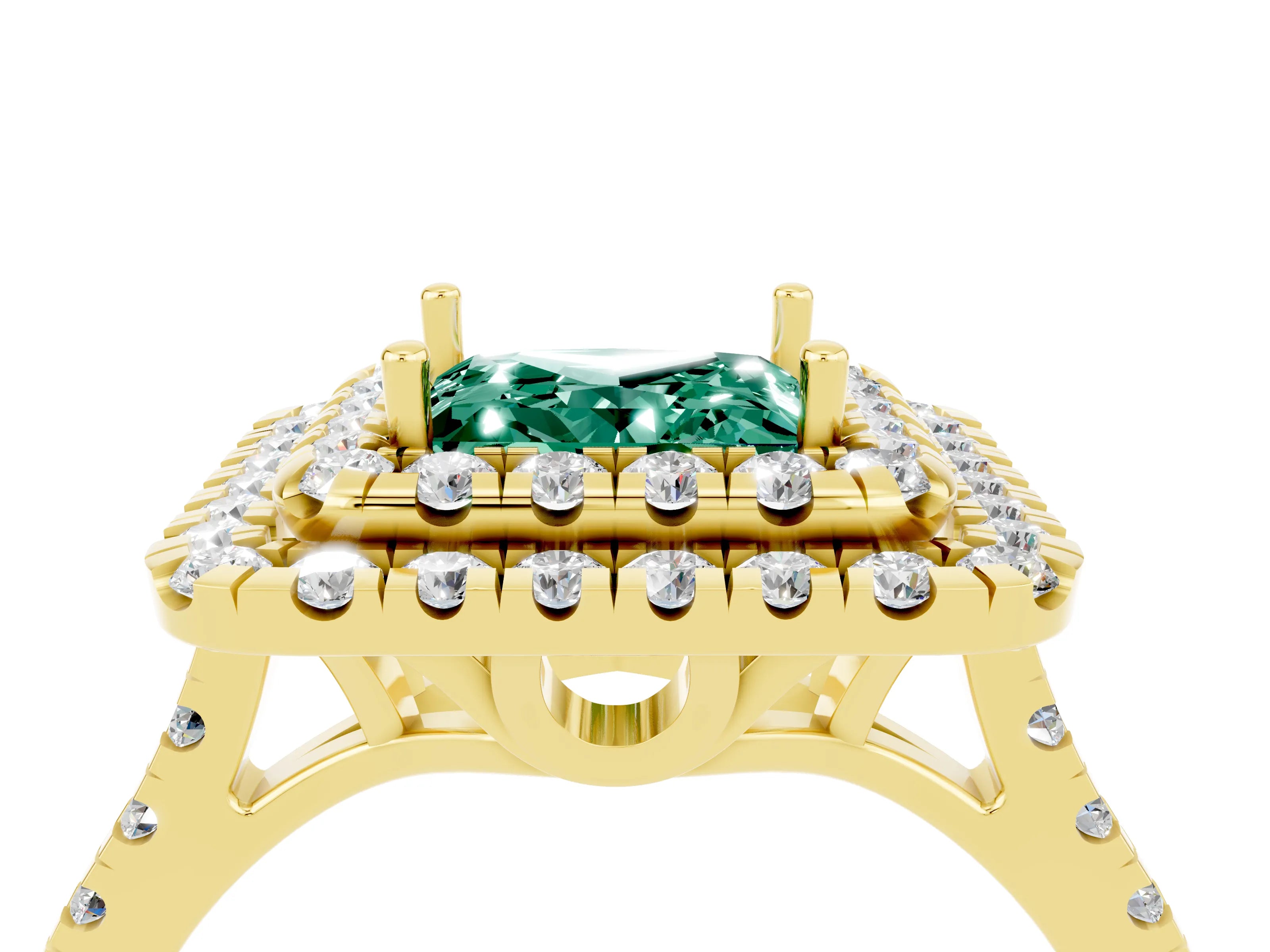 Yellow gold Double Halo Princess Cut Green Sapphire Pavé Band with Four-Prong Setting_13