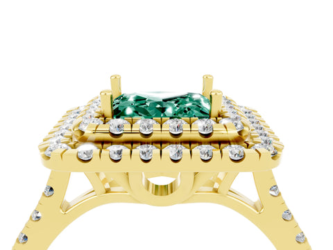 Yellow gold Double Halo Princess Cut Green Sapphire Pavé Band with Four-Prong Setting_13