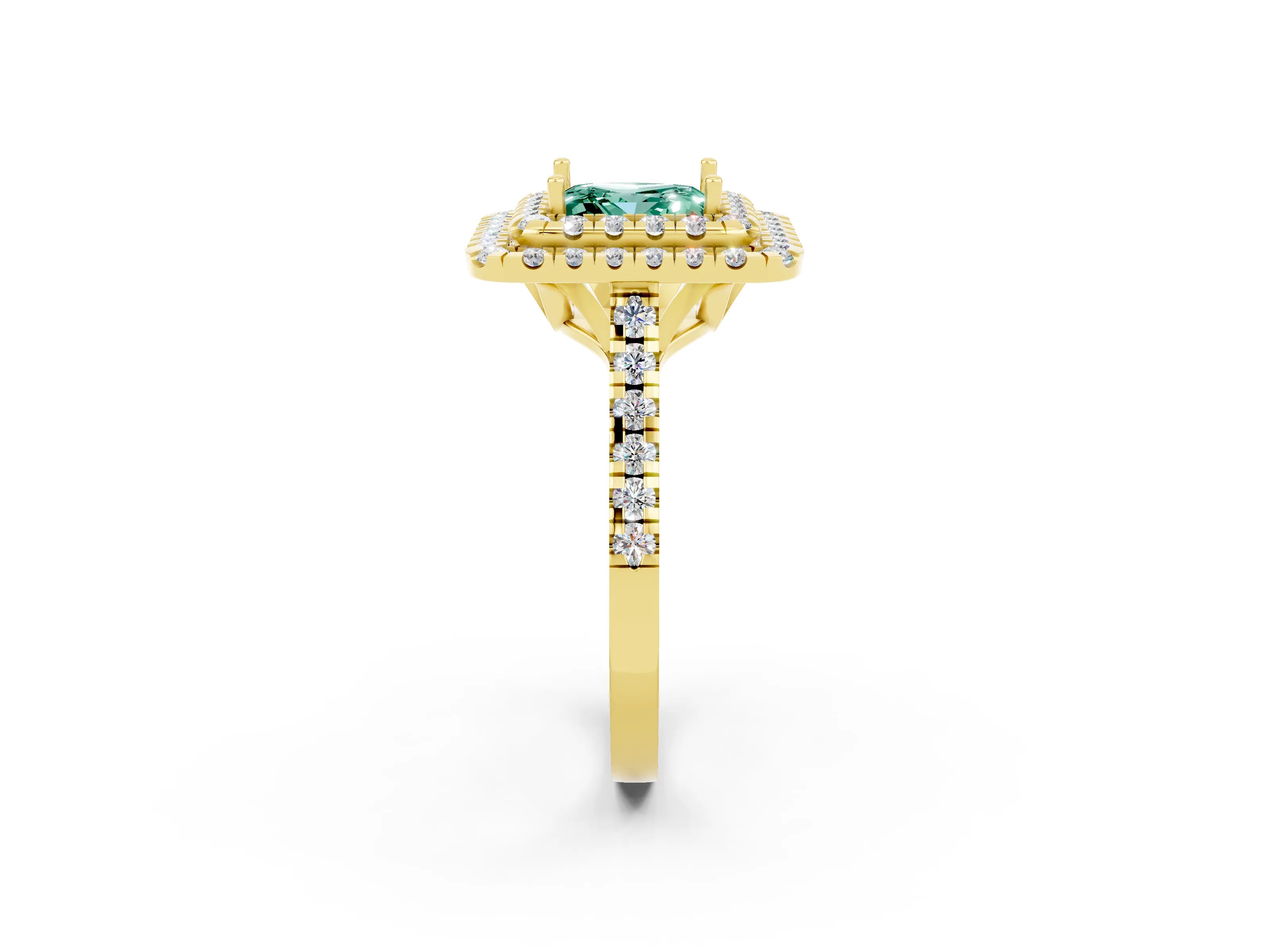 Yellow gold Double Halo Princess Cut Green Sapphire Pavé Band with Four-Prong Setting_2