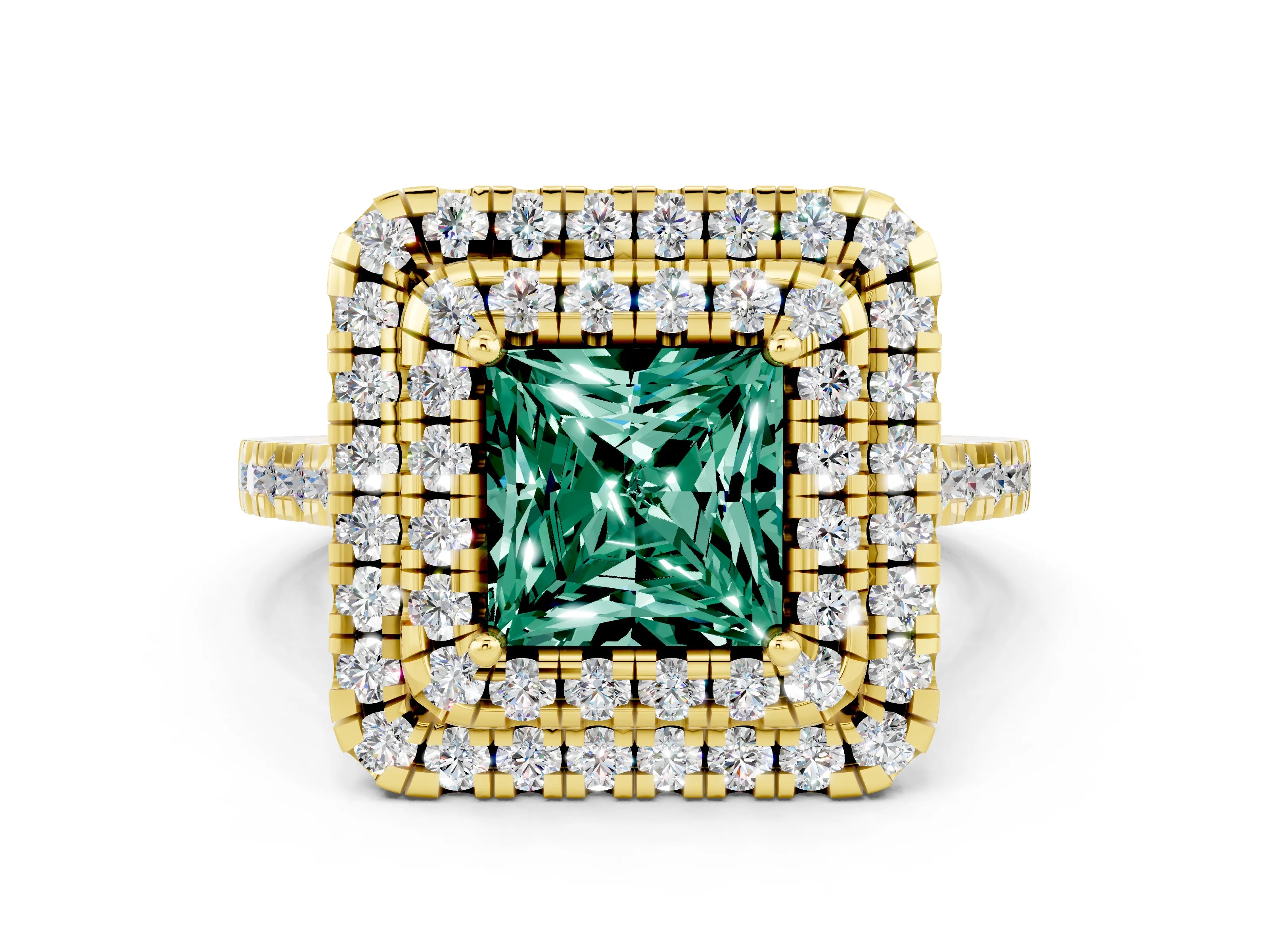 Yellow gold Double Halo Princess Cut Green Sapphire Pavé Band with Four-Prong Setting_21