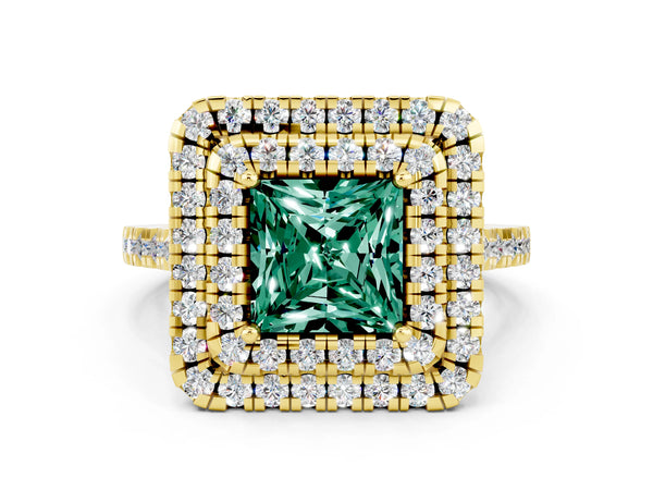Yellow gold Double Halo Princess Cut Green Sapphire Pavé Band with Four-Prong Setting
