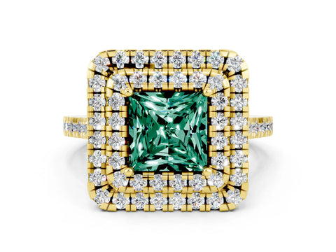 Yellow gold Double Halo Princess Cut Green Sapphire Pavé Band with Four-Prong Setting_21