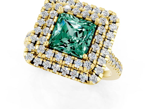 Yellow gold Double Halo Princess Cut Green Sapphire Pavé Band with Four-Prong Setting_22