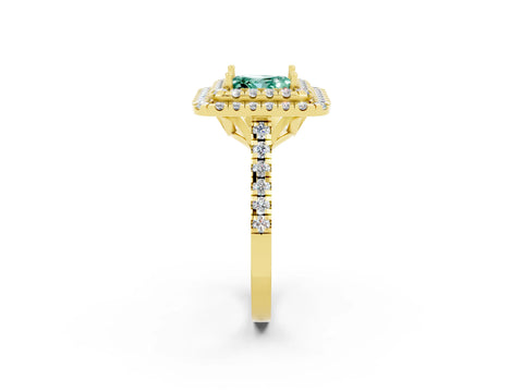 Yellow gold Double Halo Princess Cut Green Sapphire Pavé Band with Four-Prong Setting_2