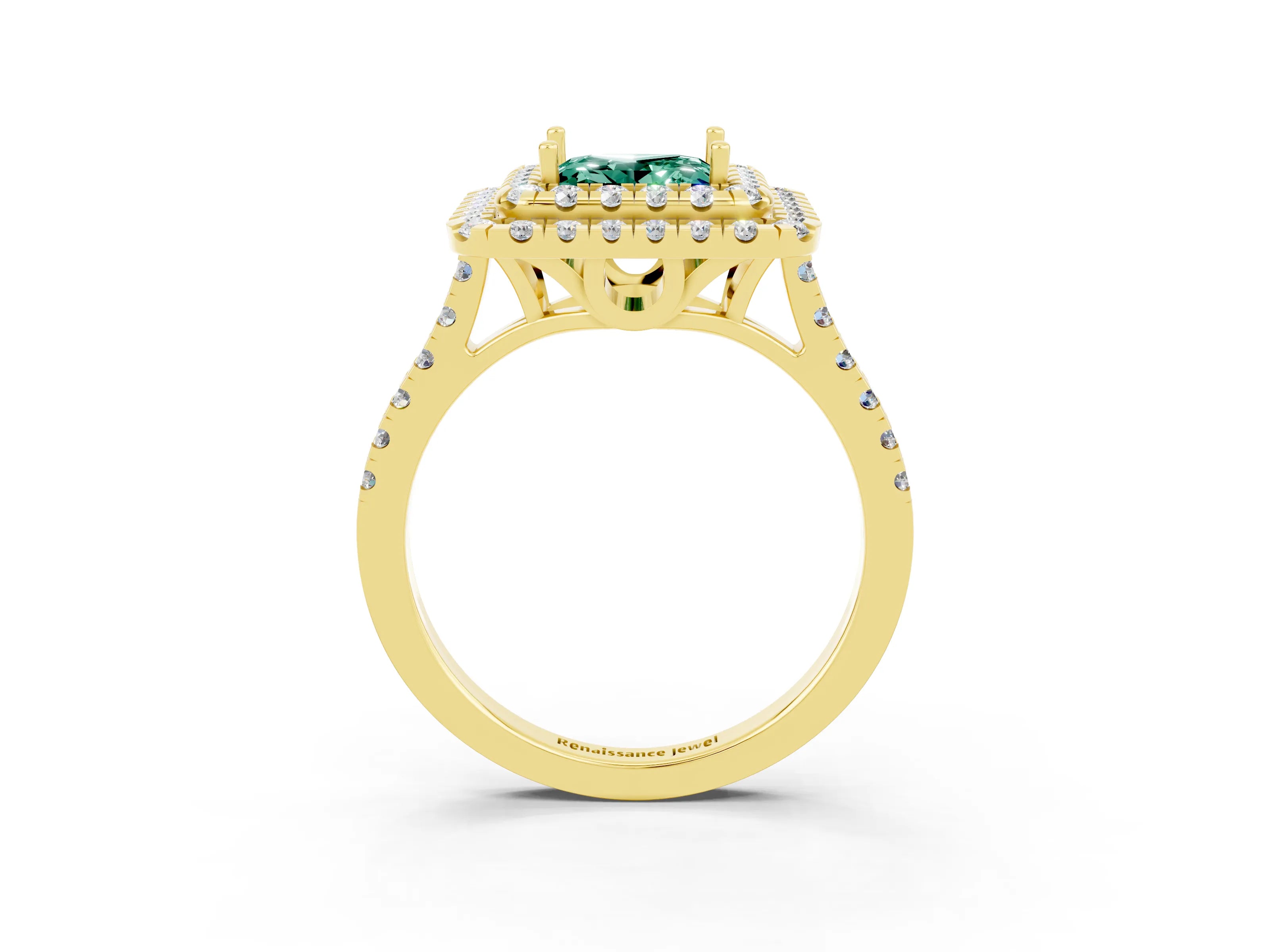 Yellow gold Double Halo Princess Cut Green Sapphire Pavé Band with Four-Prong Setting_3