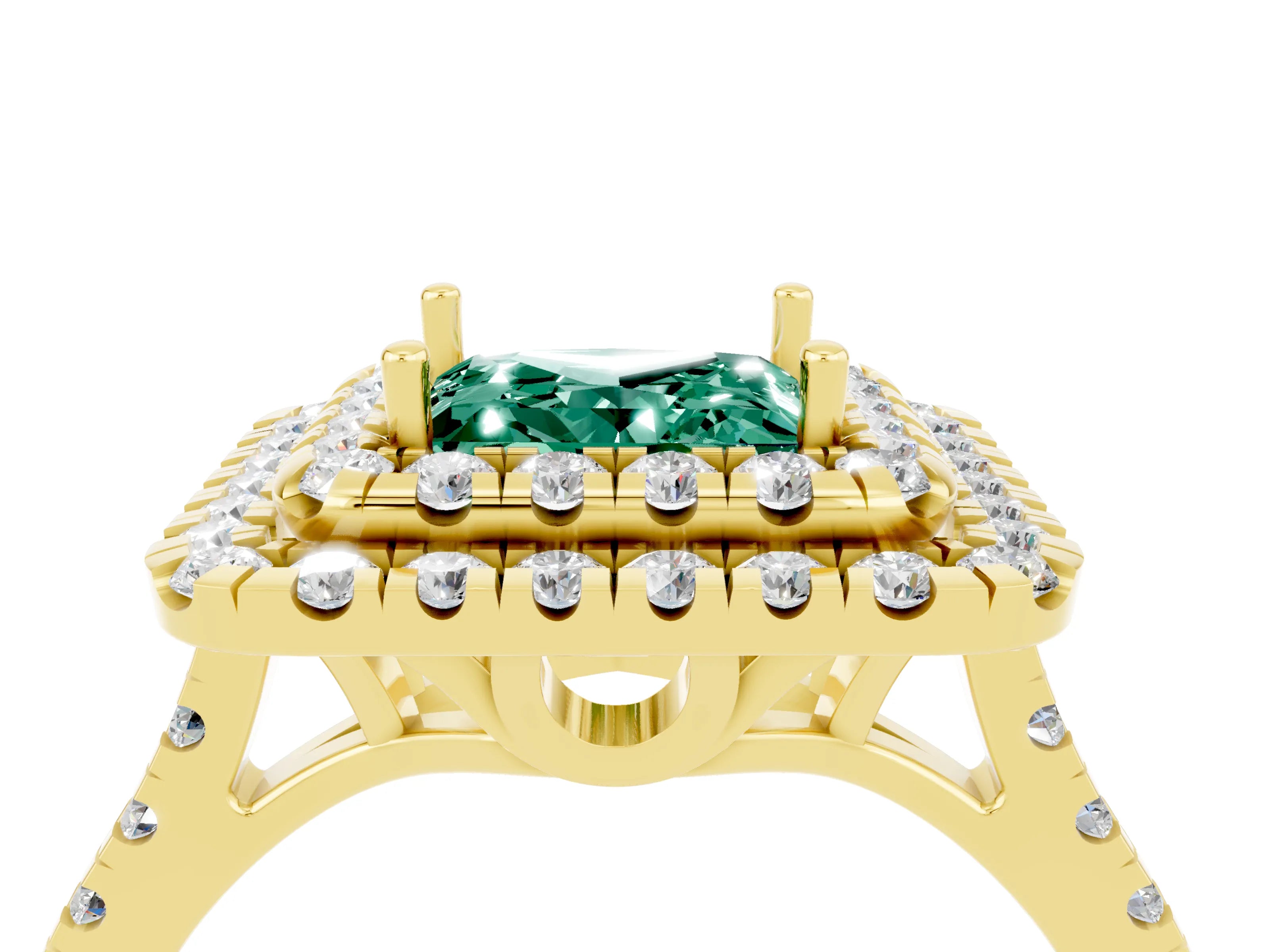 Yellow gold Double Halo Princess Cut Green Sapphire Pavé Band with Four-Prong Setting_4