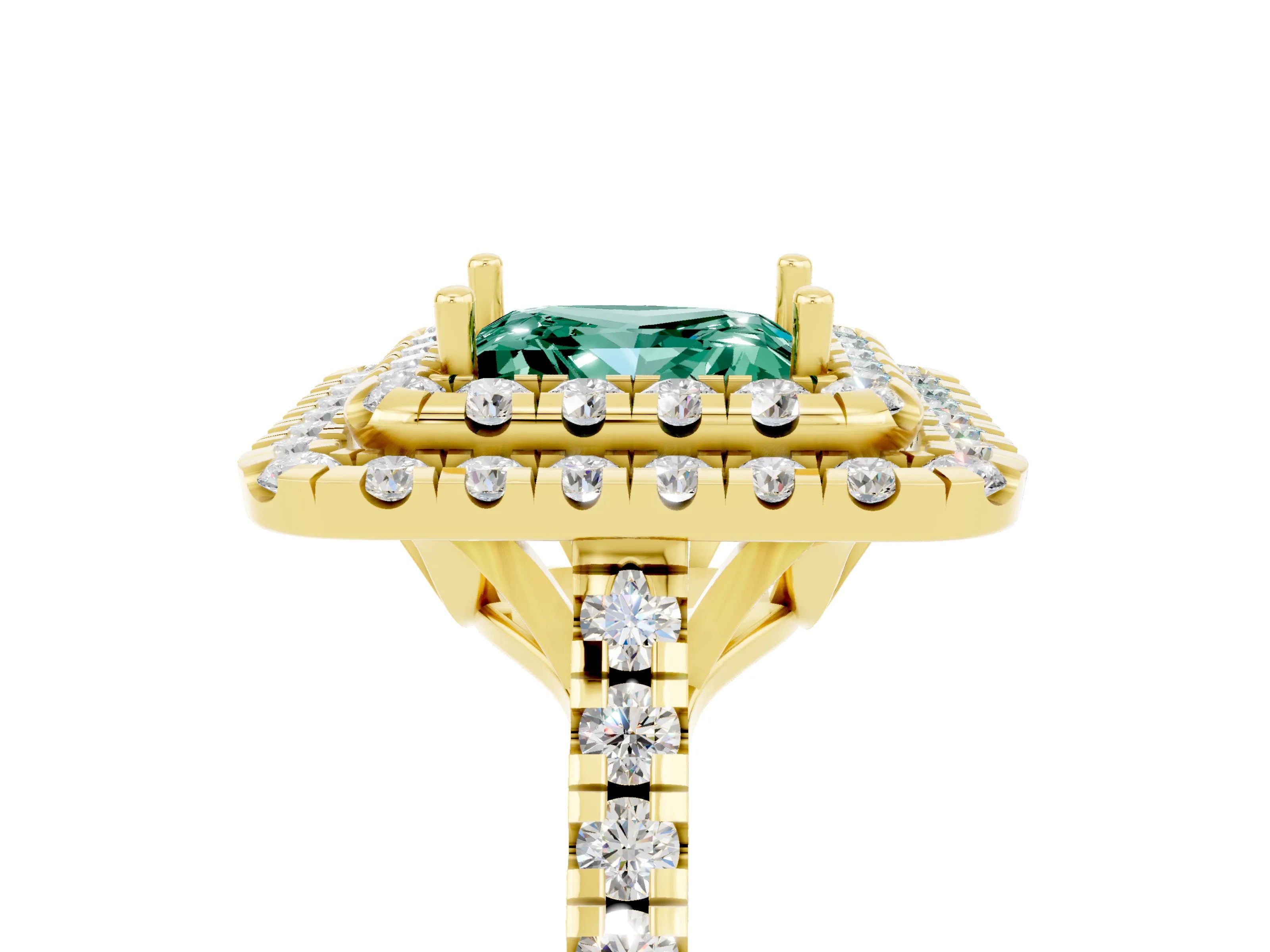 Yellow gold Double Halo Princess Cut Green Sapphire Pavé Band with Four-Prong Setting_5