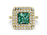 Yellow gold Double Halo Princess Cut Green Sapphire Pavé Band with Four-Prong Setting_9