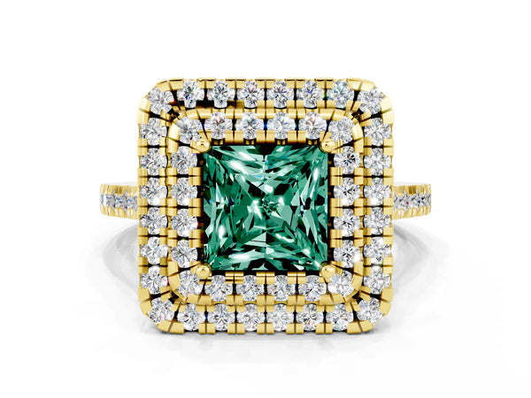 Yellow gold Double Halo Princess Cut Green Sapphire Pavé Band with Four-Prong Setting