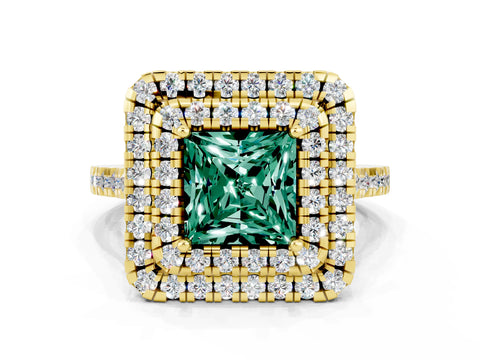 Yellow gold Double Halo Princess Cut Green Sapphire Pavé Band with Four-Prong Setting_9