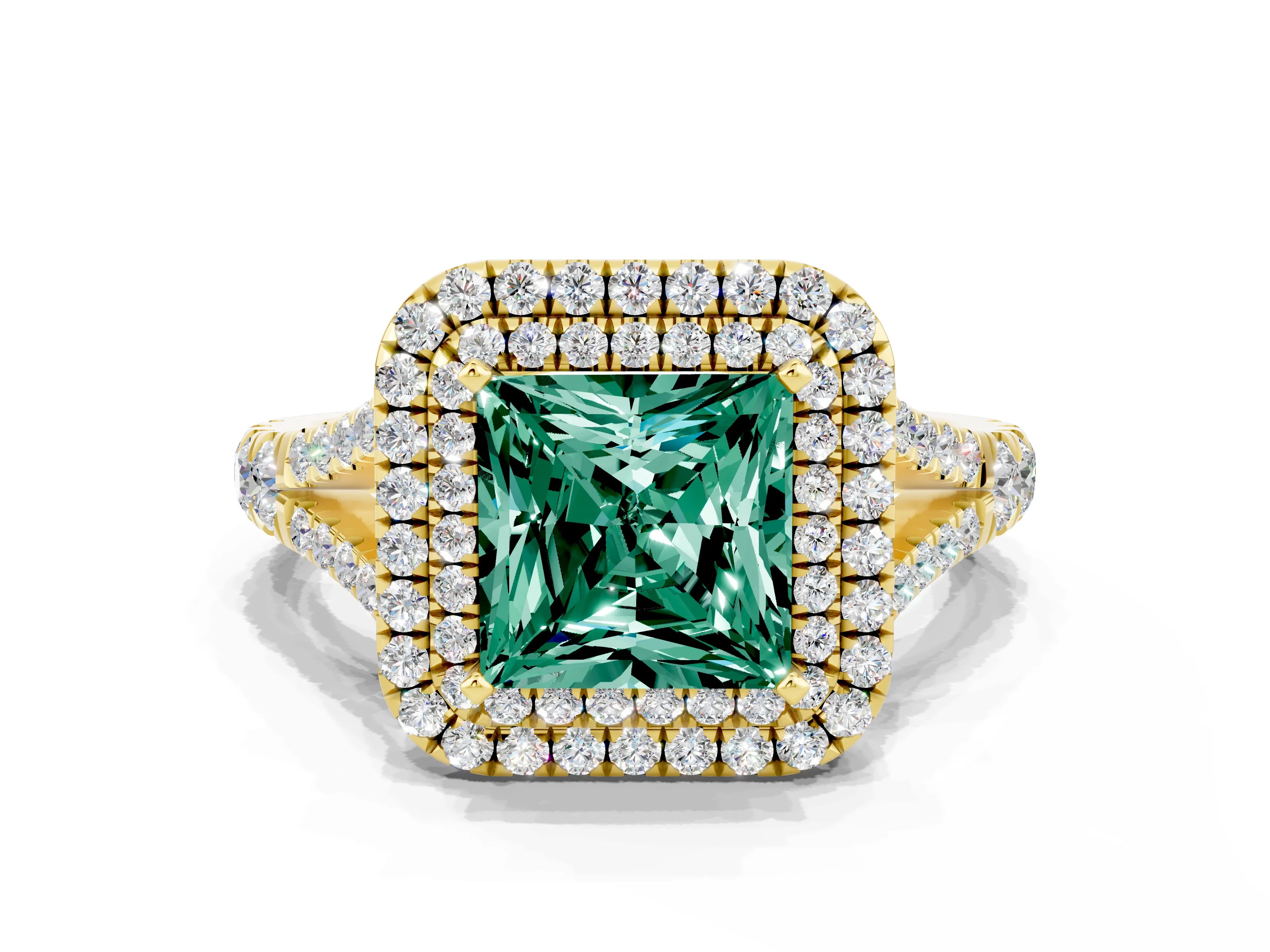 Yellow gold Double Halo Princess Cut Green Sapphire Pavé Split Shank Ring with Prong Setting