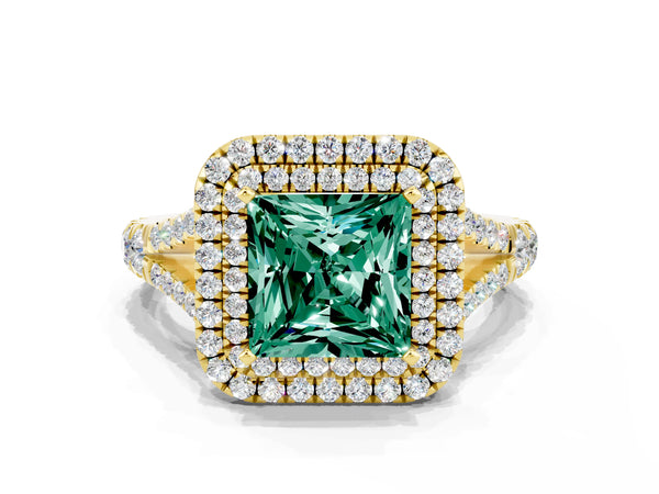 Yellow gold Double Halo Princess Cut Green Sapphire Pavé Split Shank Ring with Prong Setting