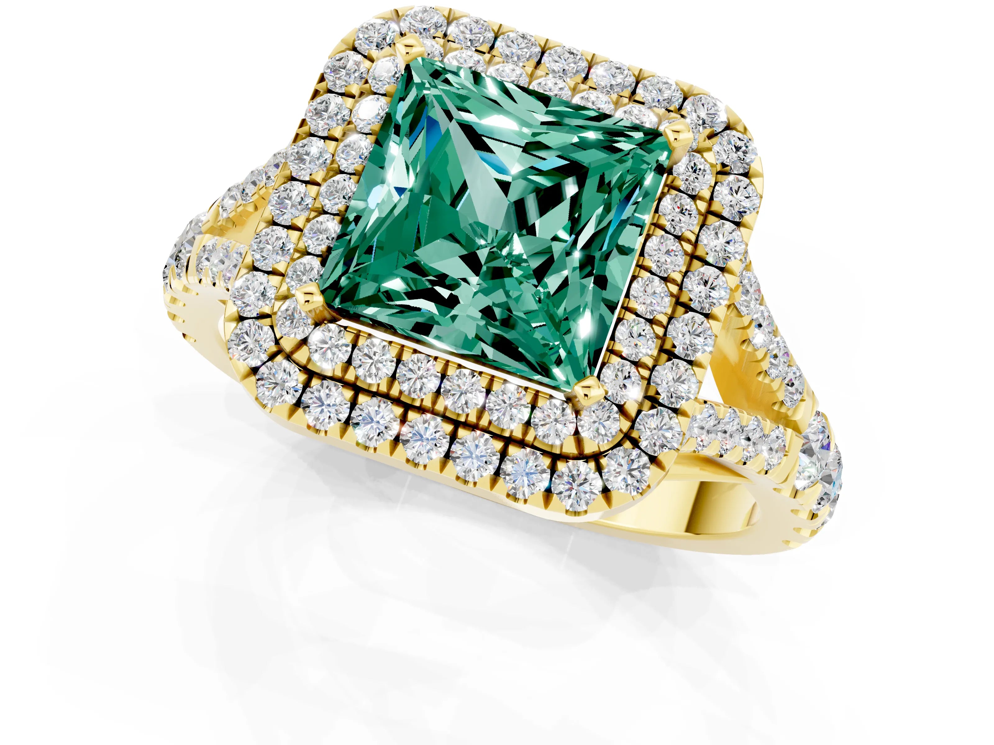 Yellow gold Double Halo Princess Cut Green Sapphire Pavé Split Shank Ring with Prong Setting_1