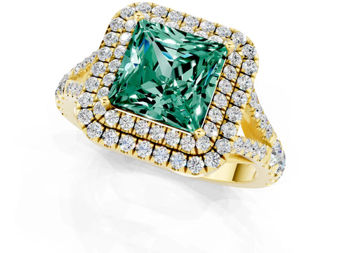 Yellow gold Double Halo Princess Cut Green Sapphire Pavé Split Shank Ring with Prong Setting_1