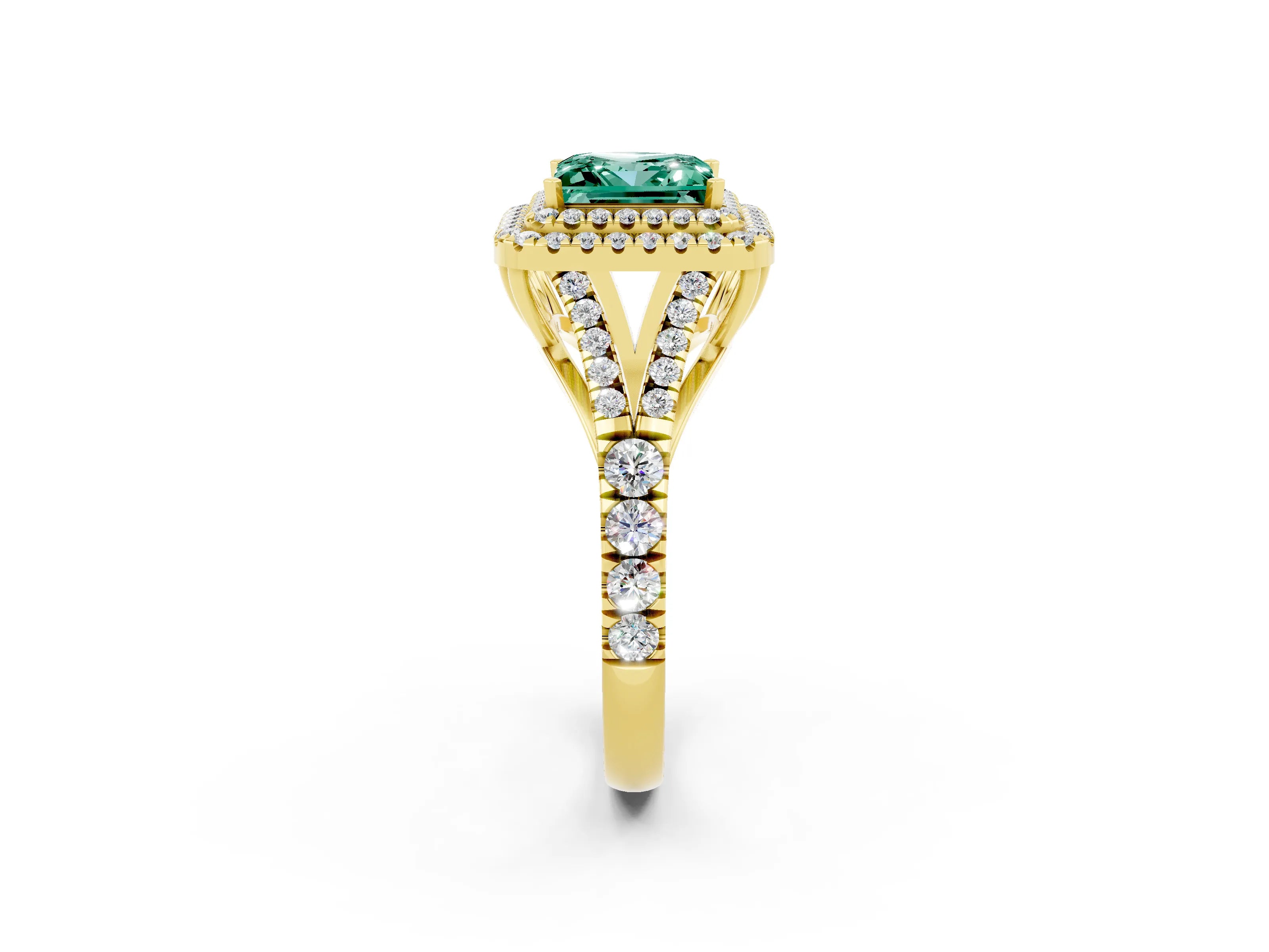 Yellow gold Double Halo Princess Cut Green Sapphire Pavé Split Shank Ring with Prong Setting_2