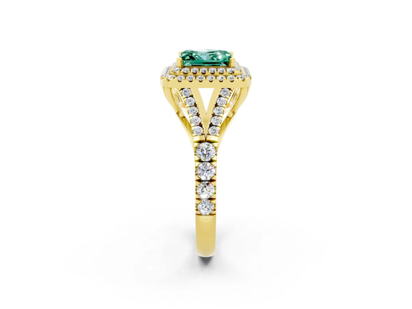 Yellow gold Double Halo Princess Cut Green Sapphire Pavé Split Shank Ring with Prong Setting