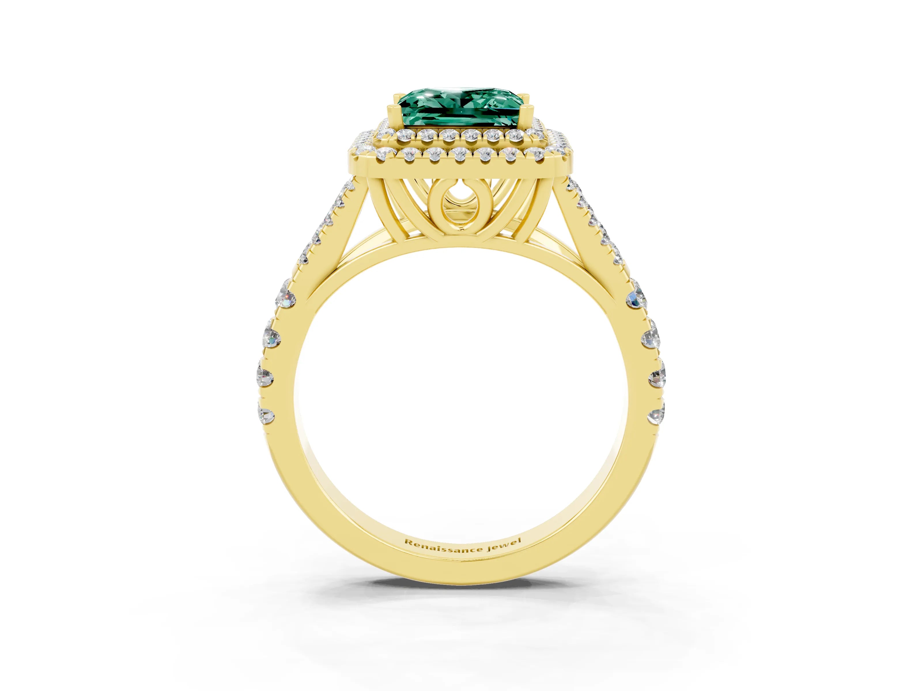 Yellow gold Double Halo Princess Cut Green Sapphire Pavé Split Shank Ring with Prong Setting_3