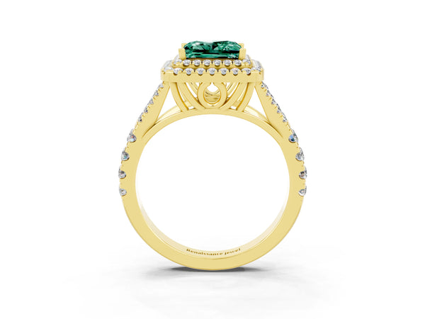Yellow gold Double Halo Princess Cut Green Sapphire Pavé Split Shank Ring with Prong Setting
