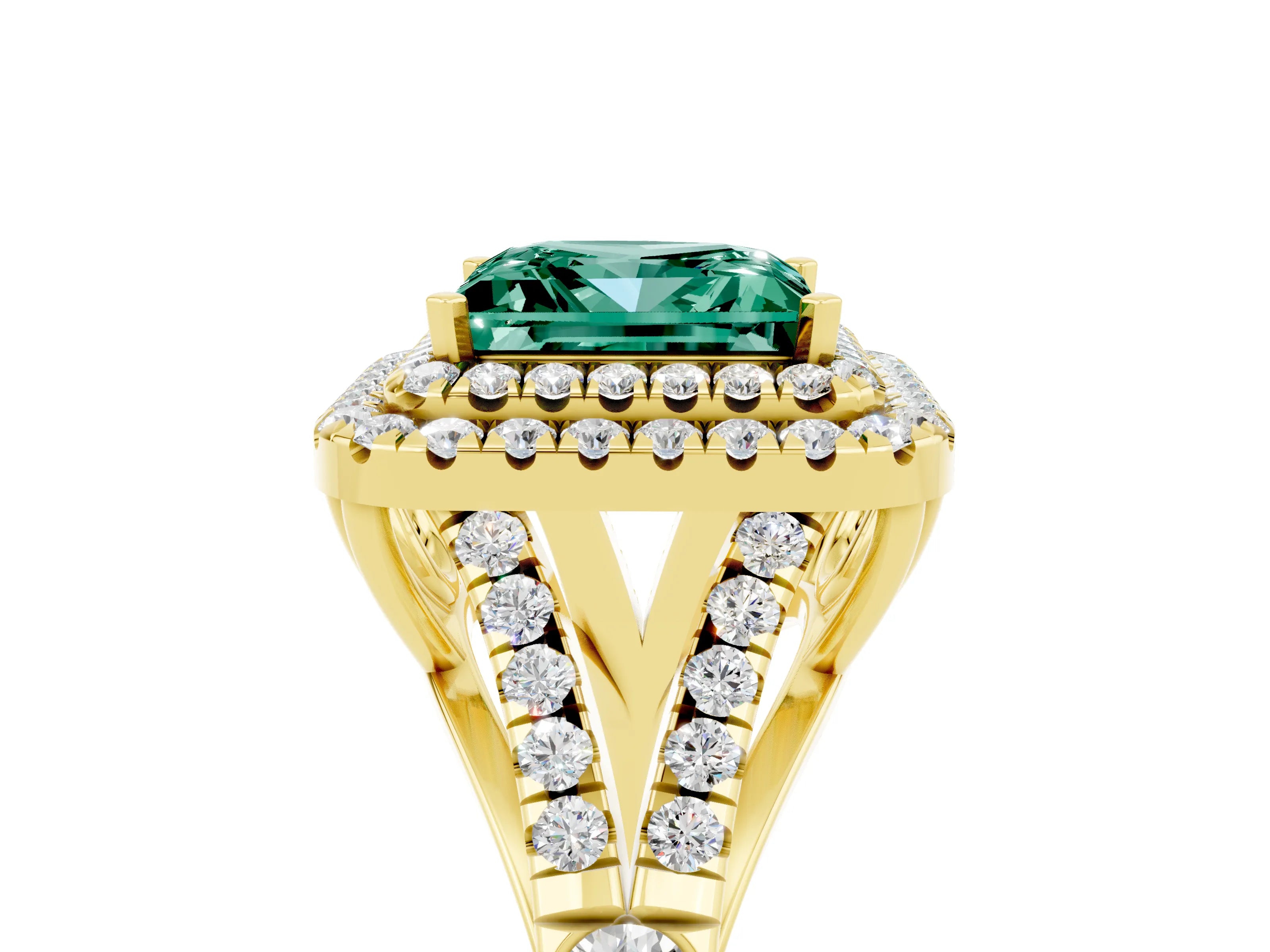 Yellow gold Double Halo Princess Cut Green Sapphire Pavé Split Shank Ring with Prong Setting_5