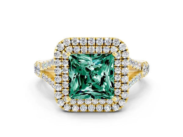 Yellow gold Double Halo Princess Cut Green Sapphire Split Shank Engagement Ring with Four-Prong Setting