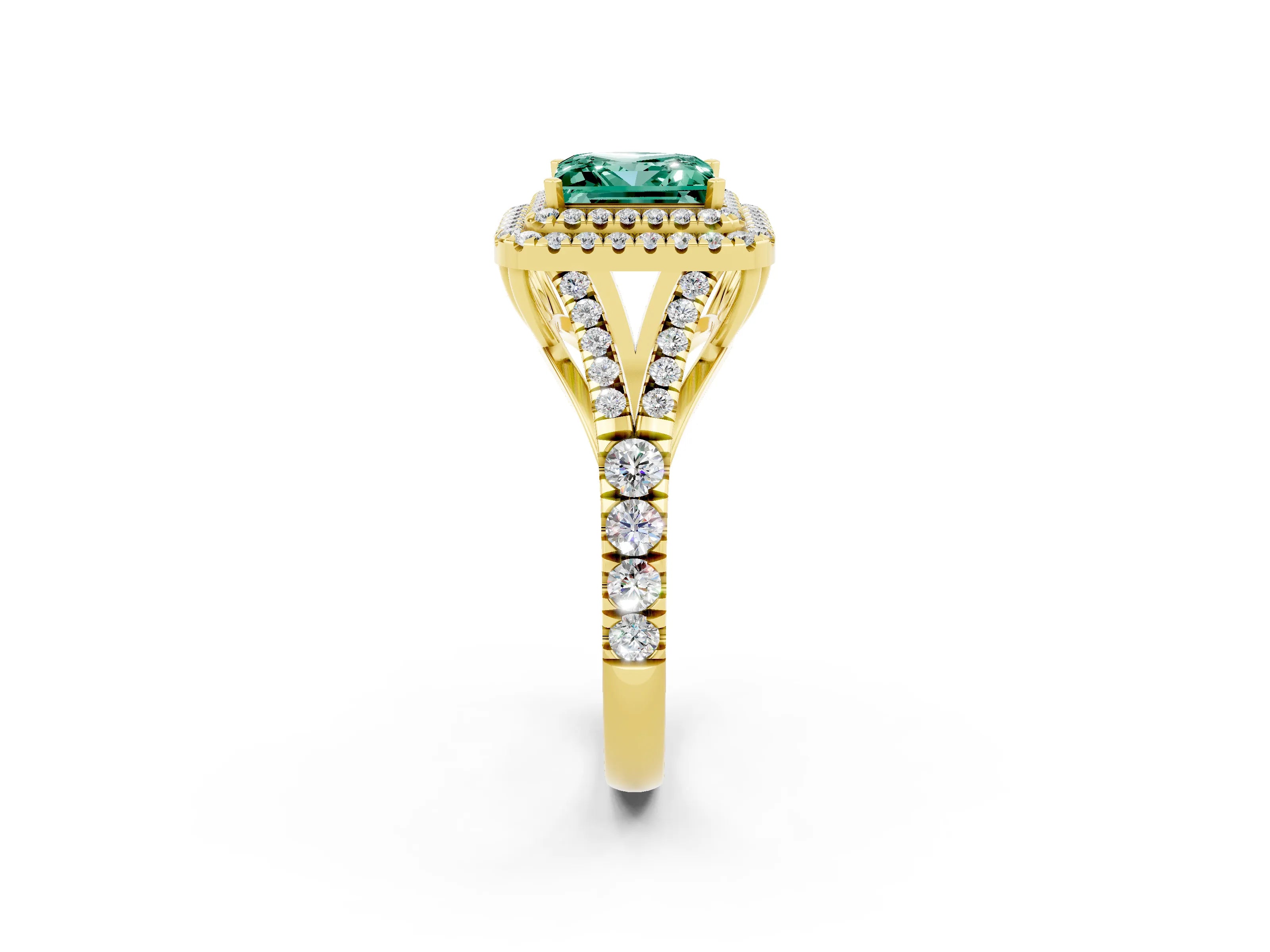 Yellow gold Double Halo Princess Cut Green Sapphire Split Shank Engagement Ring with Four-Prong Setting_2