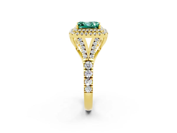 Yellow gold Double Halo Princess Cut Green Sapphire Split Shank Engagement Ring with Four-Prong Setting