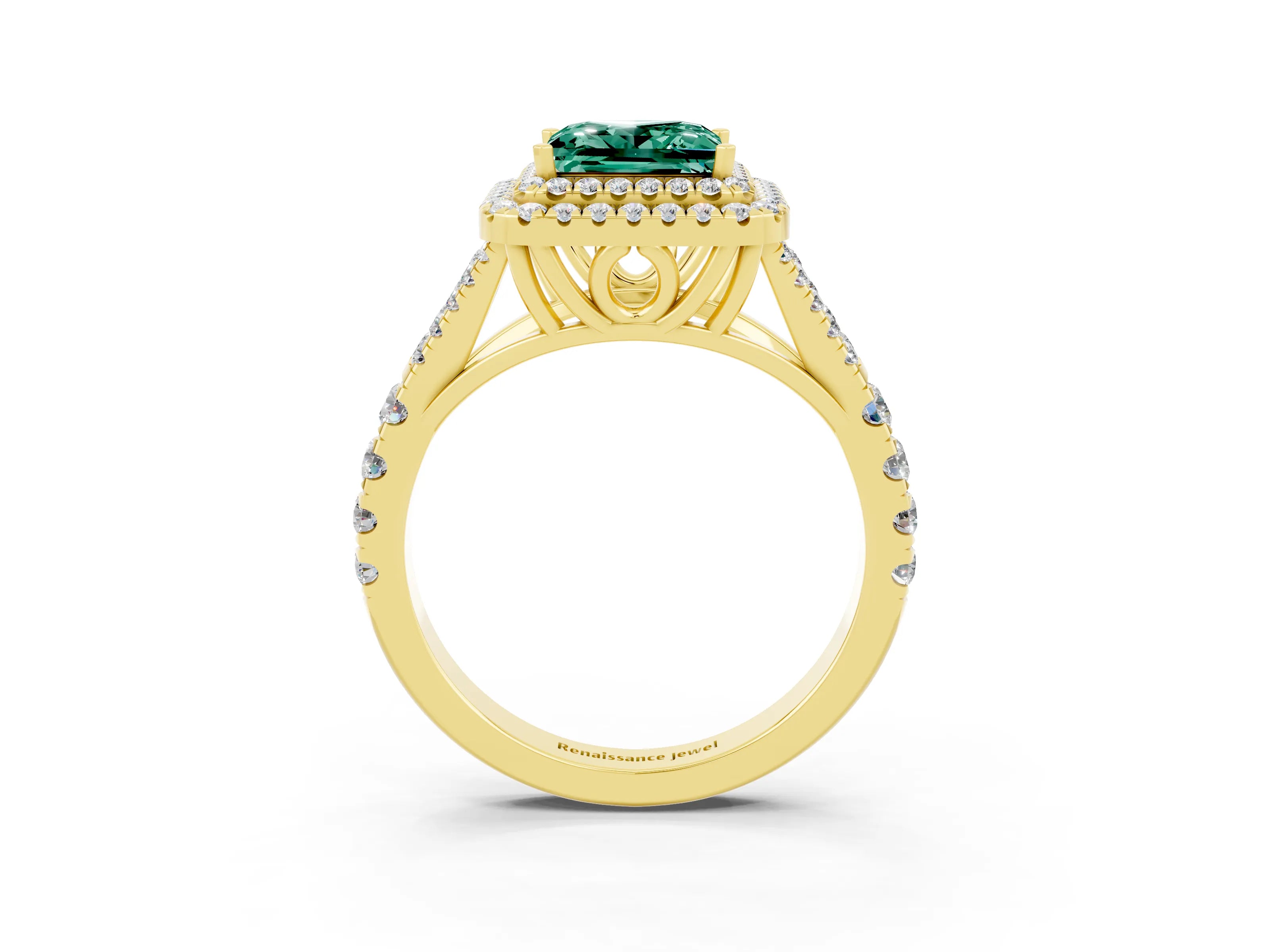 Yellow gold Double Halo Princess Cut Green Sapphire Split Shank Engagement Ring with Four-Prong Setting_3