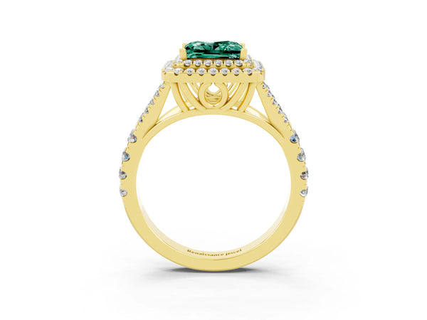 Yellow gold Double Halo Princess Cut Green Sapphire Split Shank Engagement Ring with Four-Prong Setting