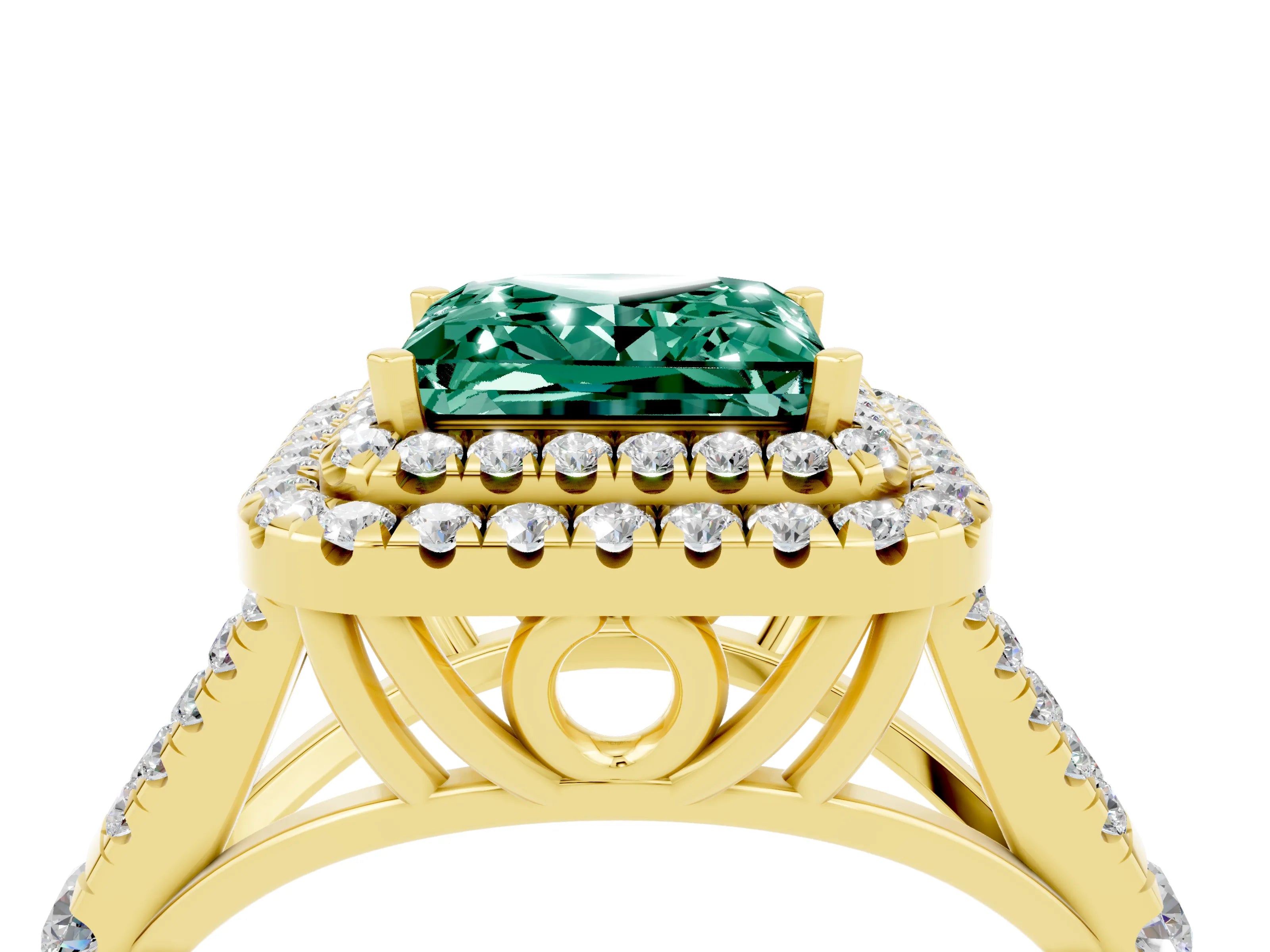 Yellow gold Double Halo Princess Cut Green Sapphire Split Shank Engagement Ring with Four-Prong Setting_4