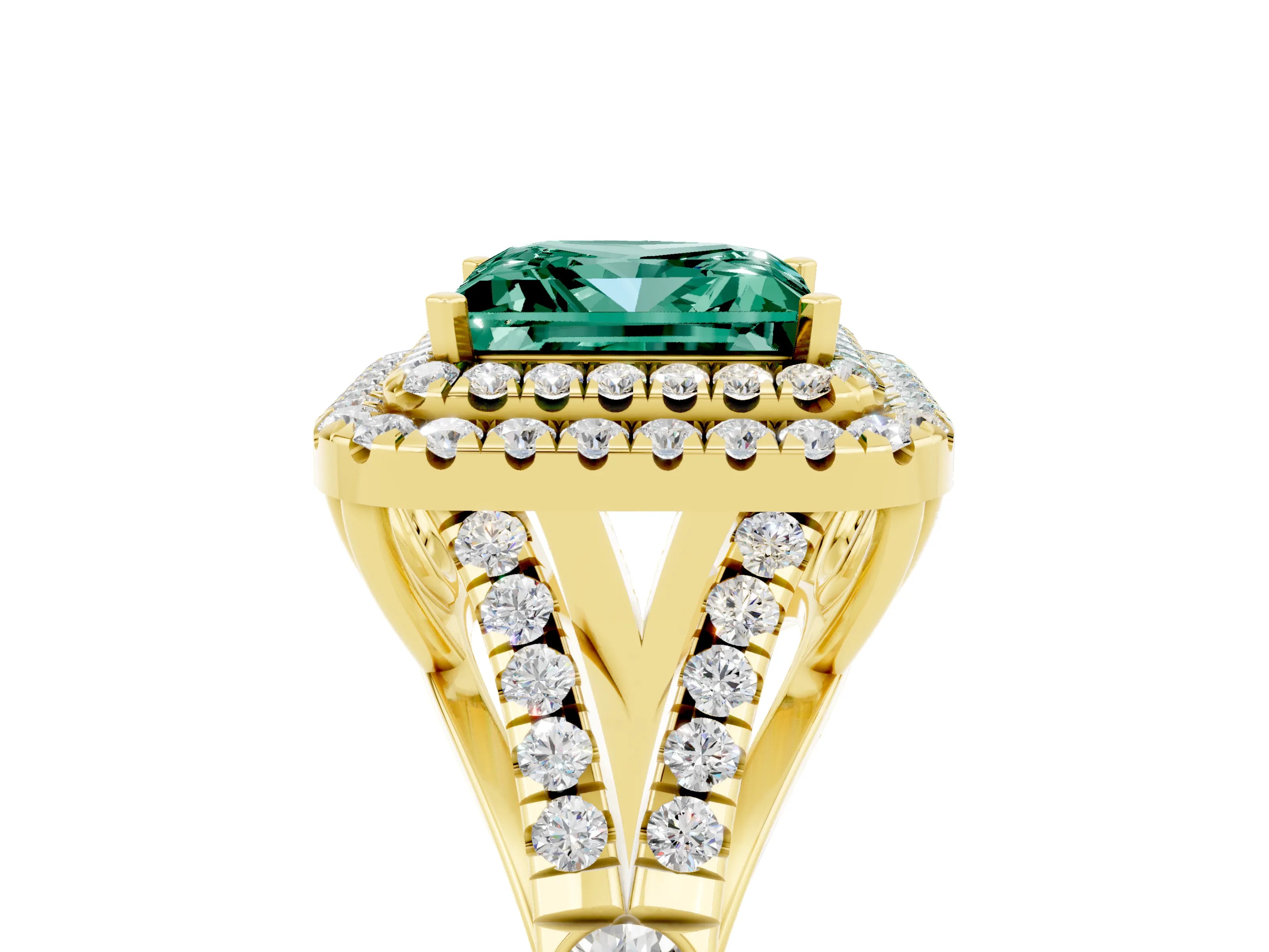 Yellow gold Double Halo Princess Cut Green Sapphire Split Shank Engagement Ring with Four-Prong Setting_5
