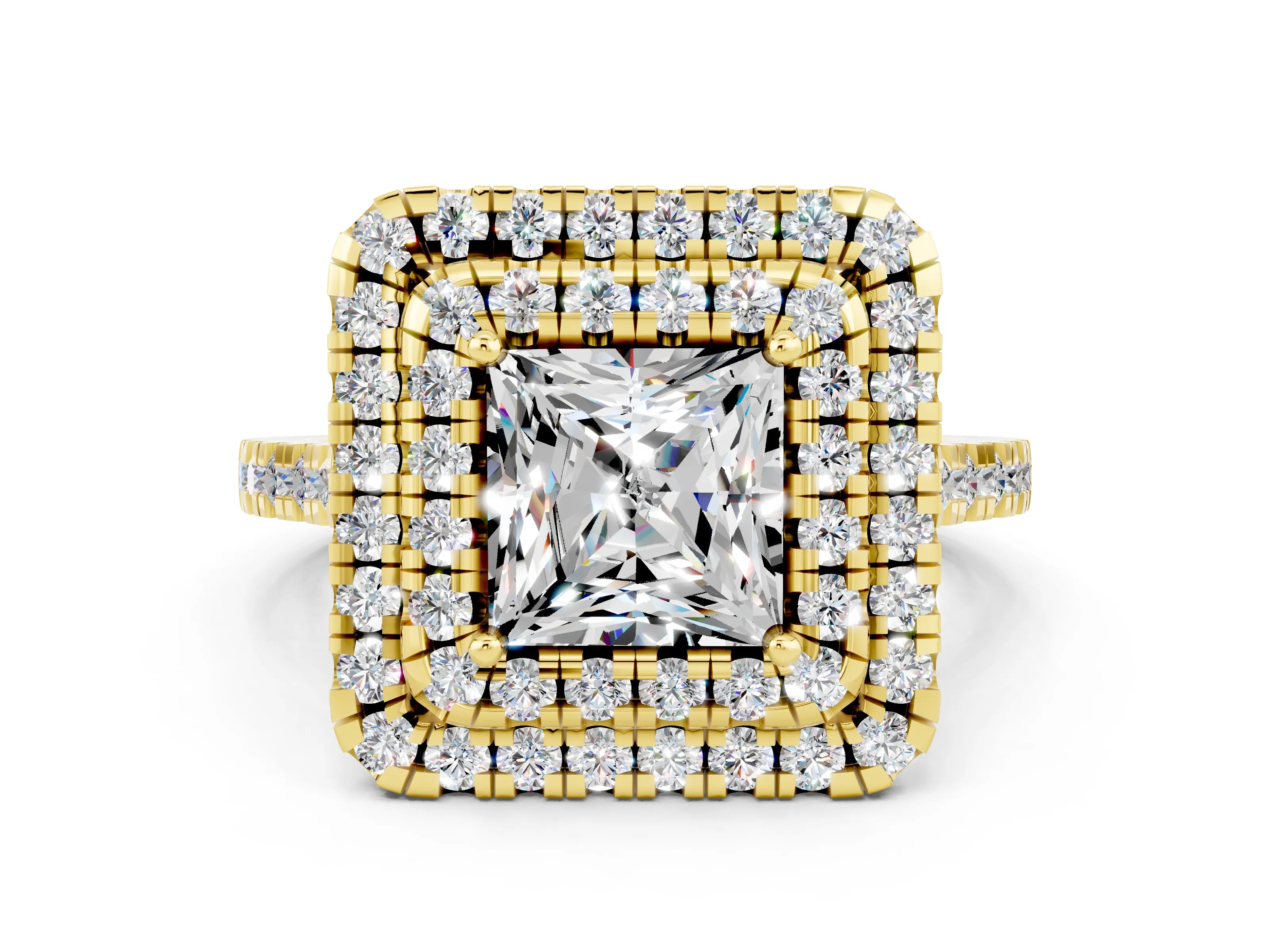 Yellow gold Double Halo Princess Cut Moissanite Pavé Band with Four-Prong Setting