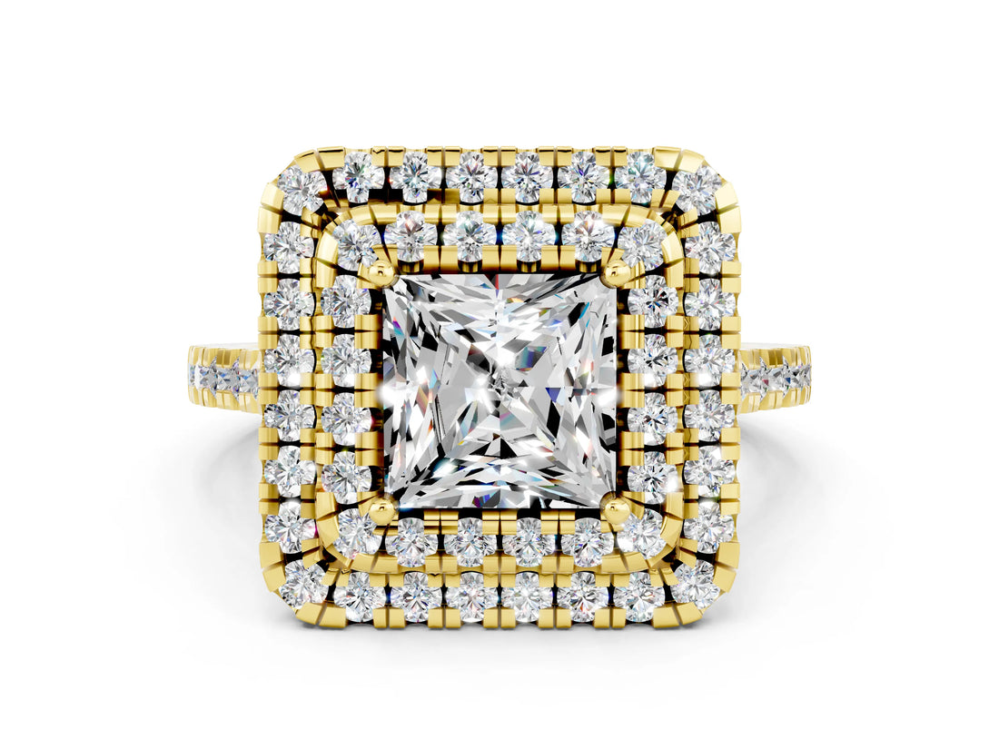 Yellow gold Double Halo Princess Cut Moissanite Pavé Band with Four-Prong Setting