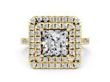 Yellow gold Double Halo Princess Cut Moissanite Pavé Band with Four-Prong Setting