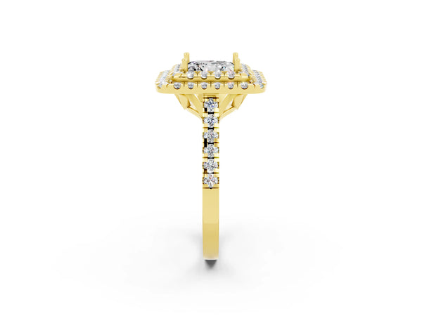 Yellow gold Double Halo Princess Cut Moissanite Pavé Band with Four-Prong Setting