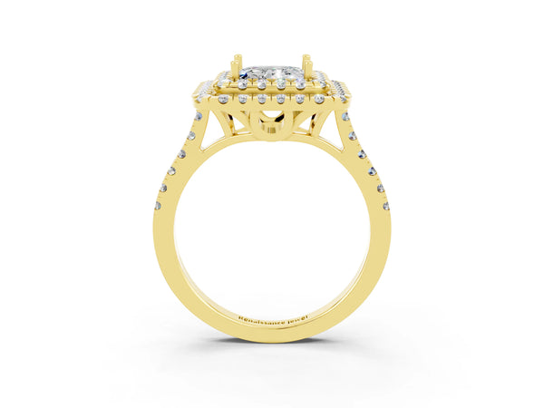 Yellow gold Double Halo Princess Cut Moissanite Pavé Band with Four-Prong Setting