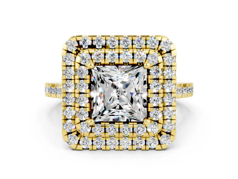 Yellow gold Double Halo Princess Cut Moissanite Pavé Band with Four-Prong Setting