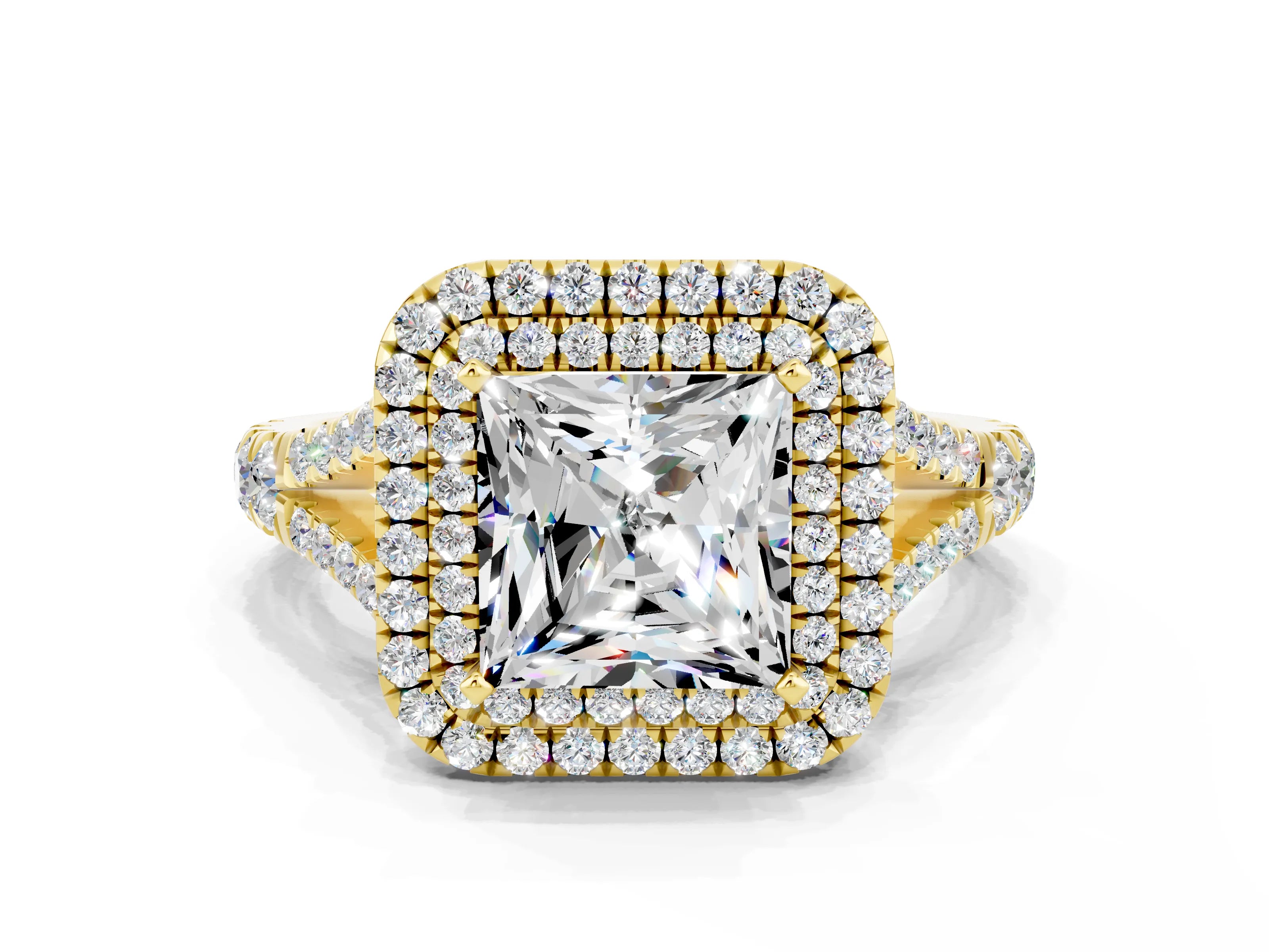 Yellow gold Double Halo Princess Cut Moissanite Pavé Split Shank Ring with Prong Setting