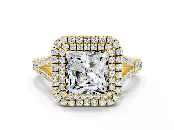 Yellow gold Double Halo Princess Cut Moissanite Pavé Split Shank Ring with Prong Setting