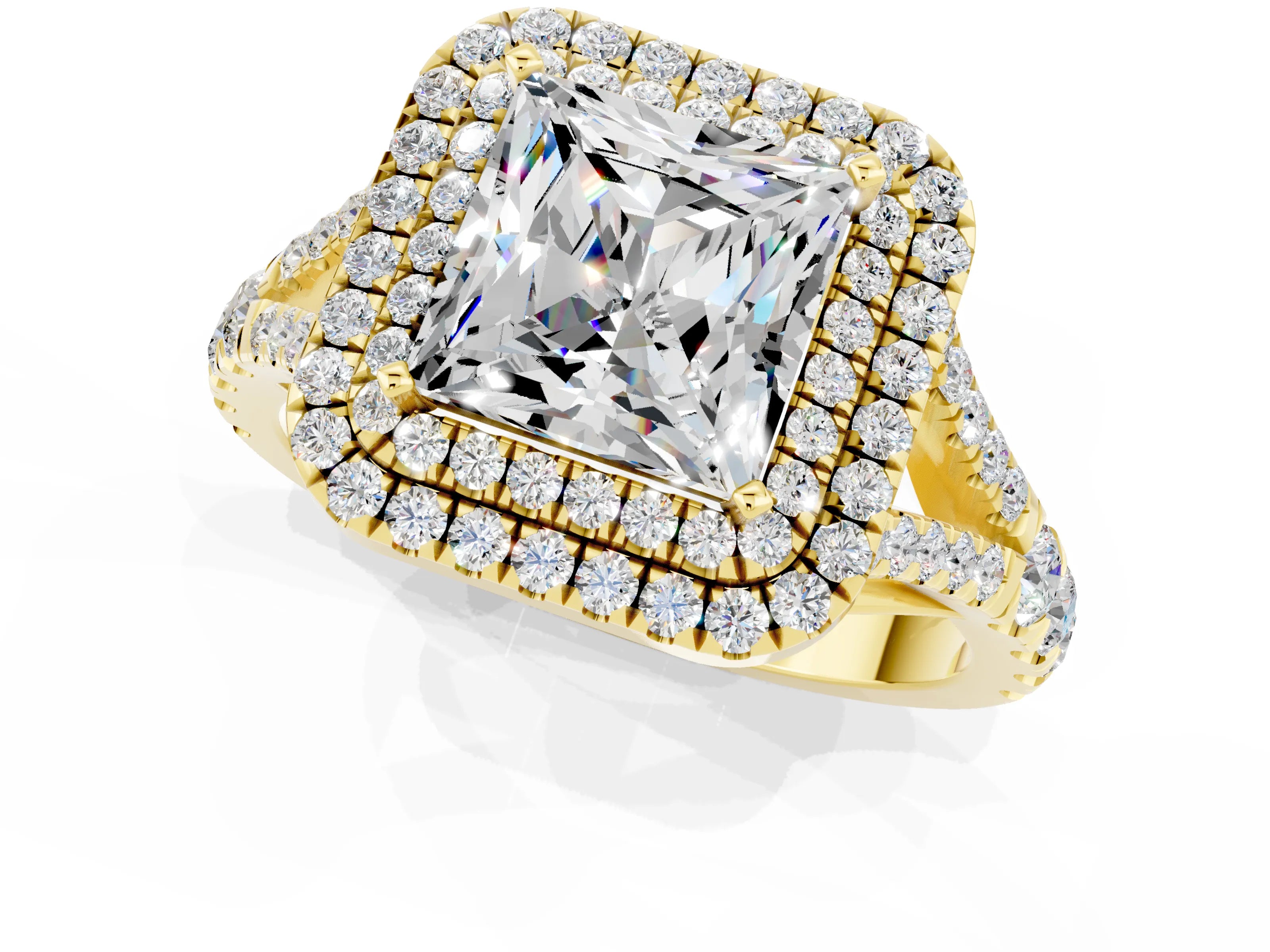 Yellow gold Double Halo Princess Cut Moissanite Pavé Split Shank Ring with Prong Setting_1