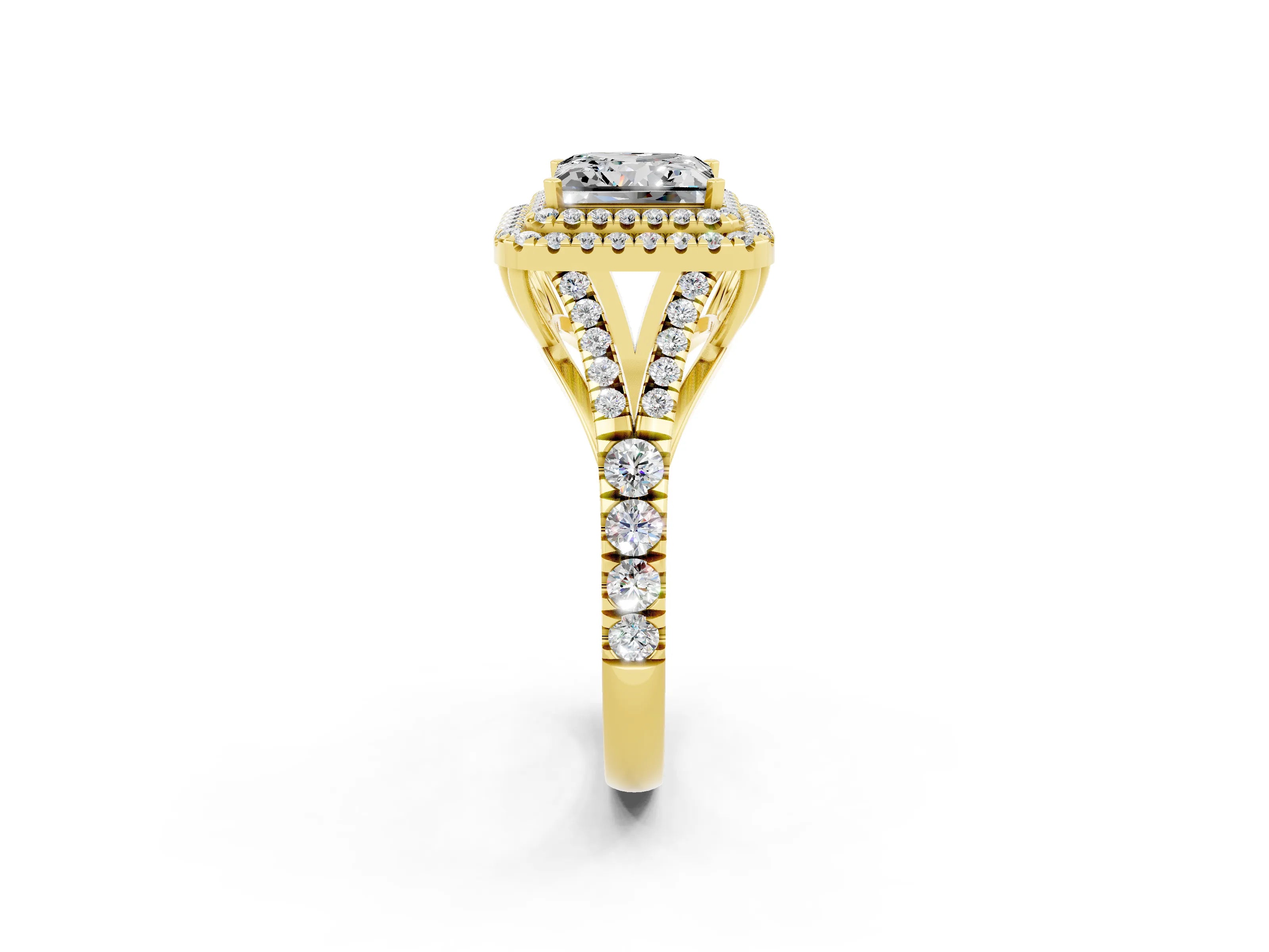 Yellow gold Double Halo Princess Cut Moissanite Pavé Split Shank Ring with Prong Setting_2