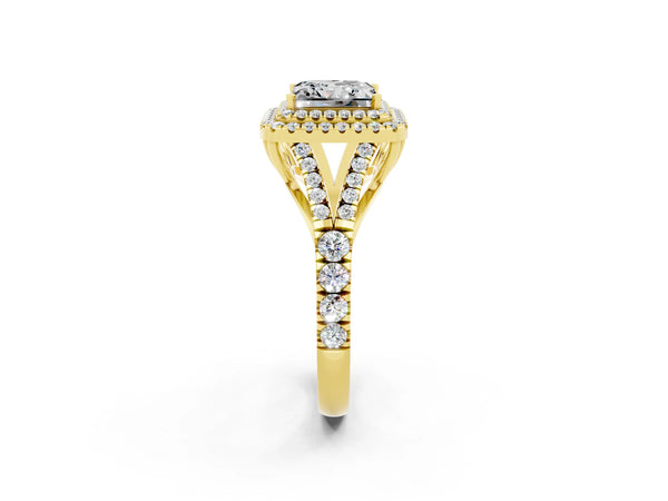 Yellow gold Double Halo Princess Cut Moissanite Pavé Split Shank Ring with Prong Setting