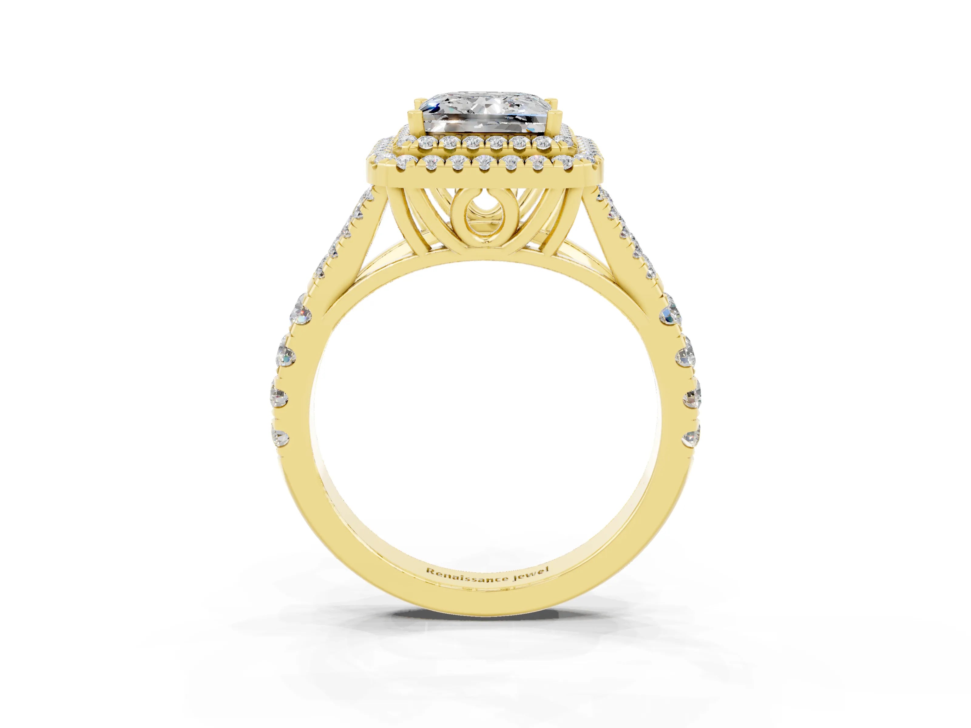 Yellow gold Double Halo Princess Cut Moissanite Pavé Split Shank Ring with Prong Setting_3