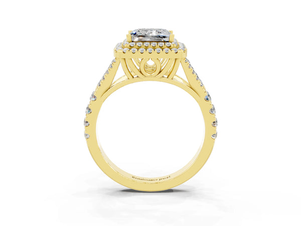 Yellow gold Double Halo Princess Cut Moissanite Pavé Split Shank Ring with Prong Setting