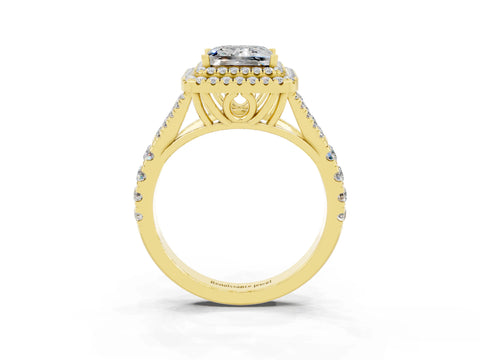 Yellow gold Double Halo Princess Cut Moissanite Pavé Split Shank Ring with Prong Setting_3