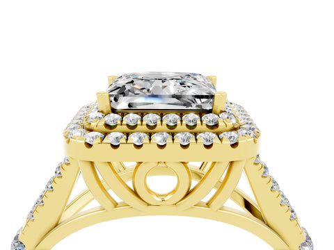 Yellow gold Double Halo Princess Cut Moissanite Pavé Split Shank Ring with Prong Setting_4