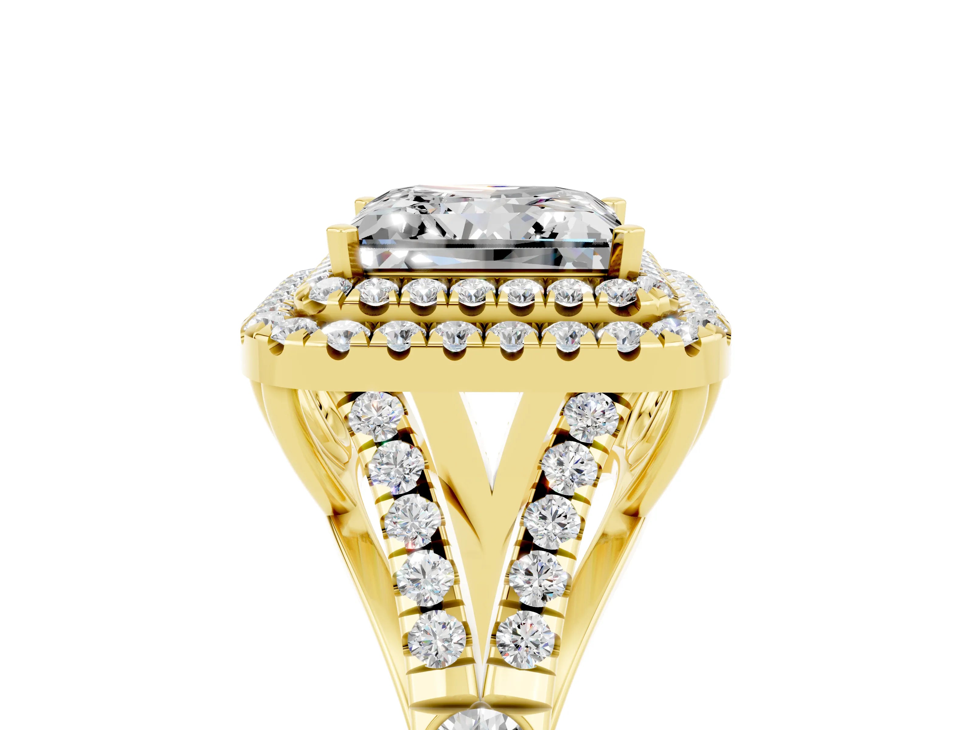 Yellow gold Double Halo Princess Cut Moissanite Pavé Split Shank Ring with Prong Setting_5